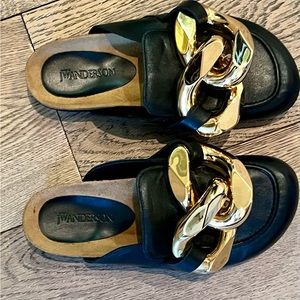 JW Anderson: Large Buckle Slides.  Black and Gold Size IT 37 / US 6.5